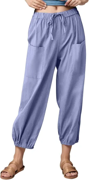 Linen Capri Pants for Women Drawstring Waisted Summer Casual Trousers Pants with Pockets Cropped Palazzo Lounge