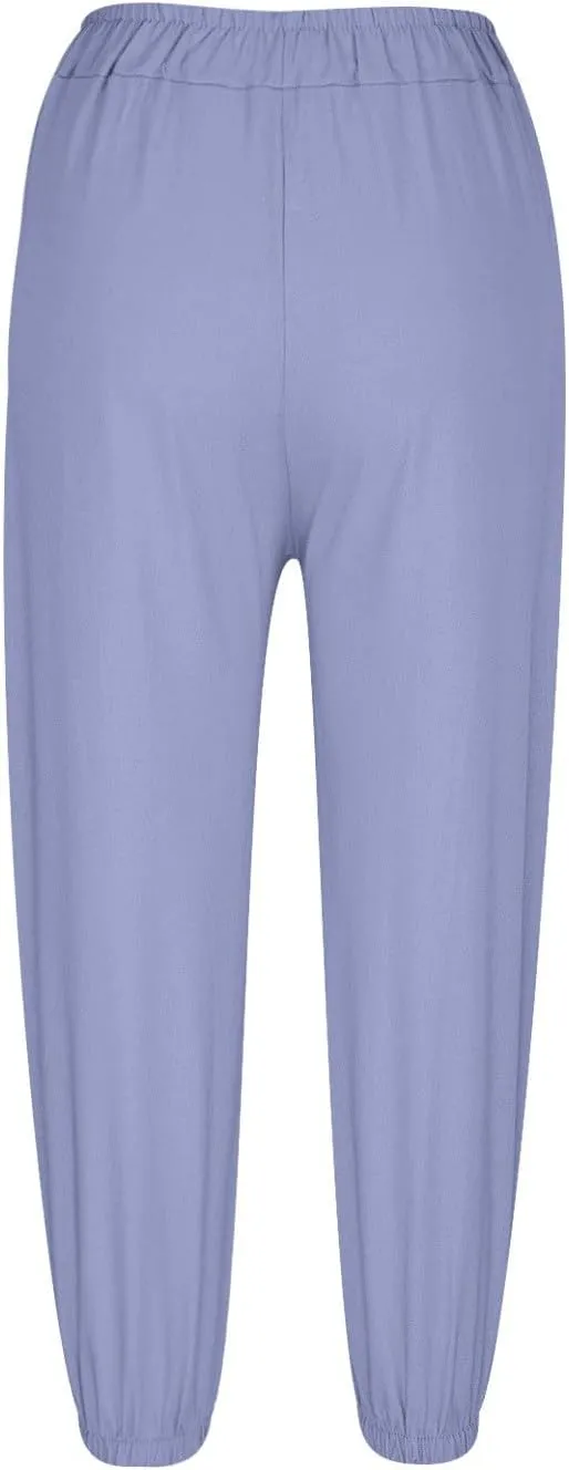 Linen Capri Pants for Women Drawstring Waisted Summer Casual Trousers Pants with Pockets Cropped Palazzo Lounge