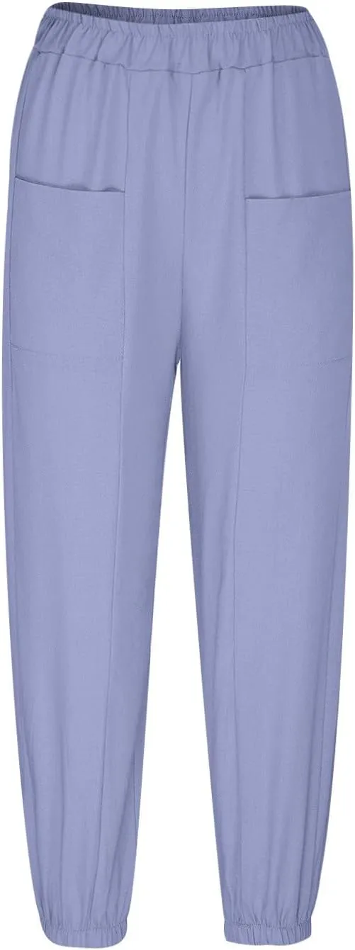 Linen Capri Pants for Women Drawstring Waisted Summer Casual Trousers Pants with Pockets Cropped Palazzo Lounge