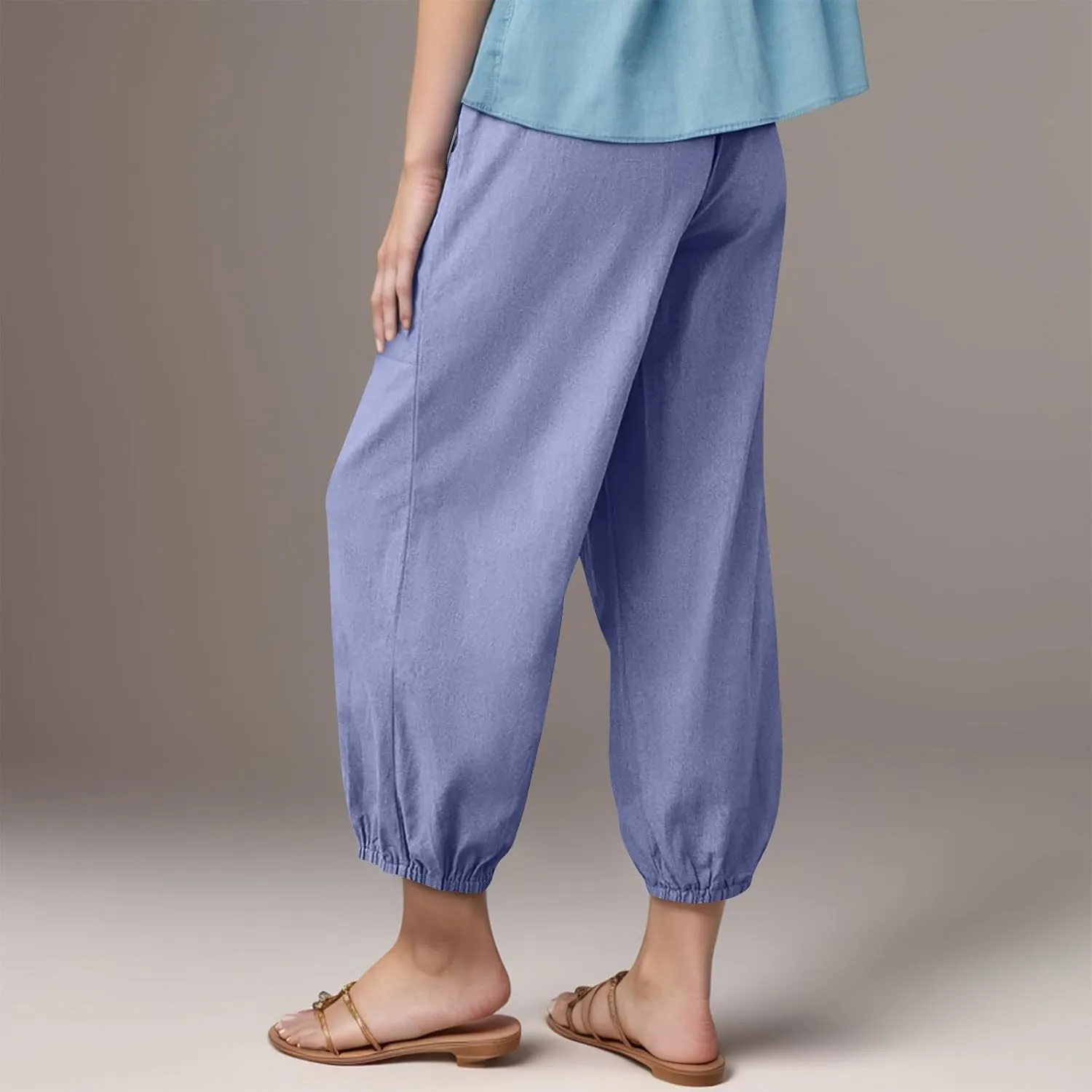 Linen Capri Pants for Women Drawstring Waisted Summer Casual Trousers Pants with Pockets Cropped Palazzo Lounge