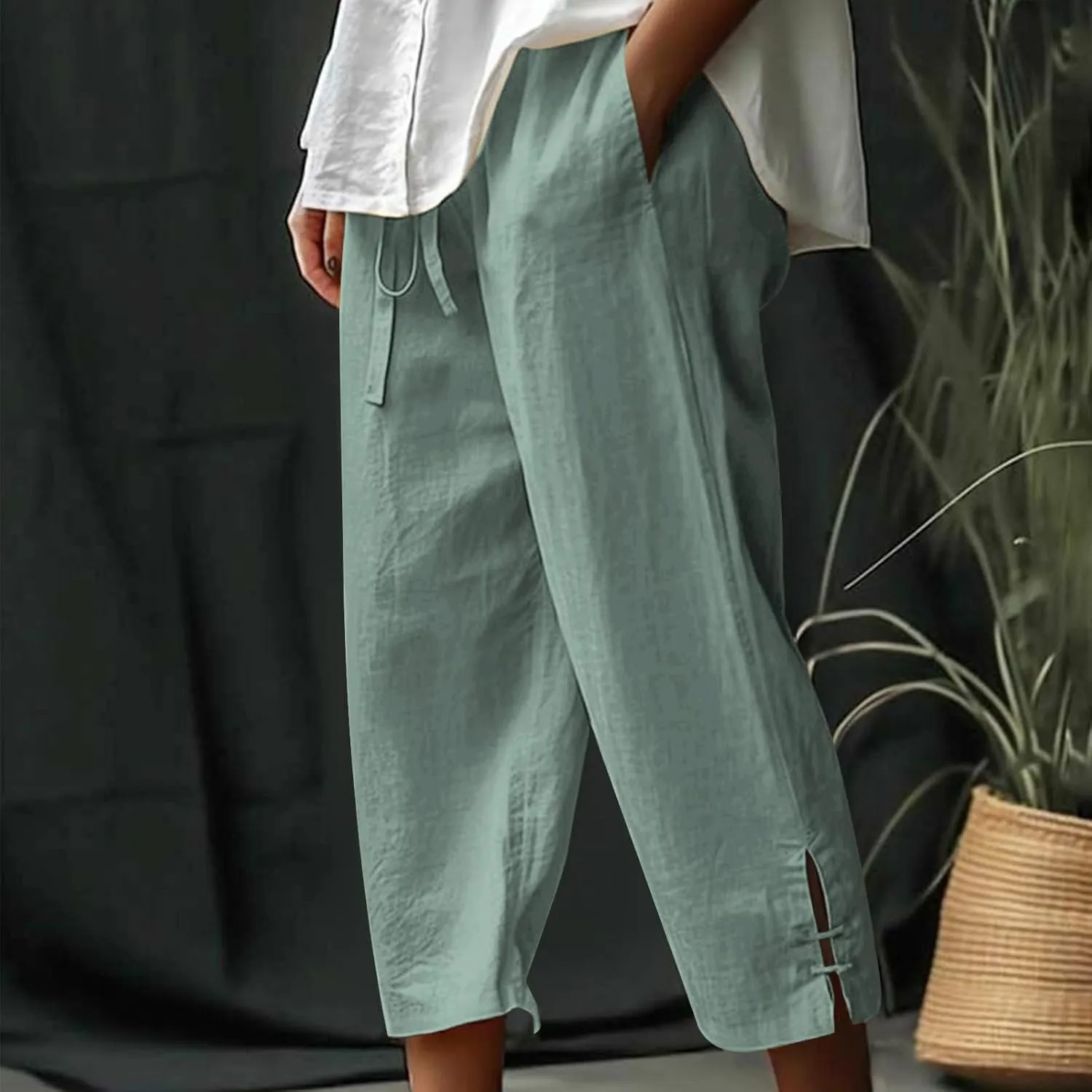 Linen Capri Pants for Women Straight Leg Casual Summer Drawstring Elastic High Waist Linen Pants Beach Crop Trousers