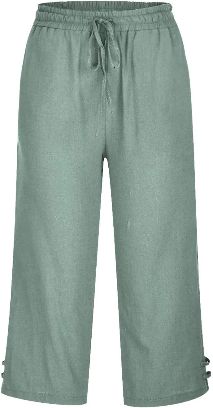 Linen Capri Pants for Women Straight Leg Casual Summer Drawstring Elastic High Waist Linen Pants Beach Crop Trousers