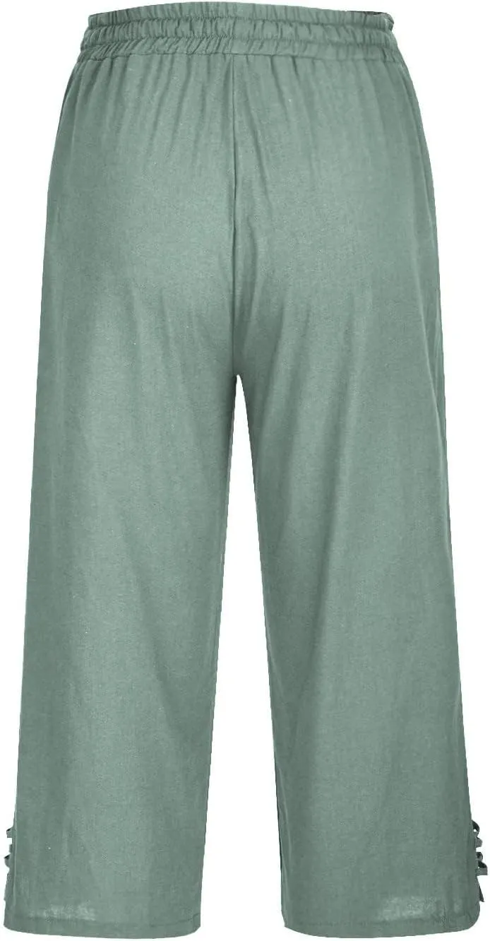Linen Capri Pants for Women Straight Leg Casual Summer Drawstring Elastic High Waist Linen Pants Beach Crop Trousers
