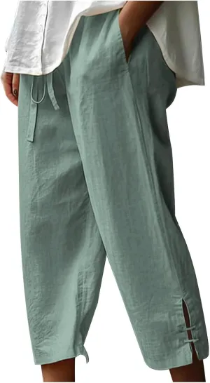 Linen Capri Pants for Women Straight Leg Casual Summer Drawstring Elastic High Waist Linen Pants Beach Crop Trousers