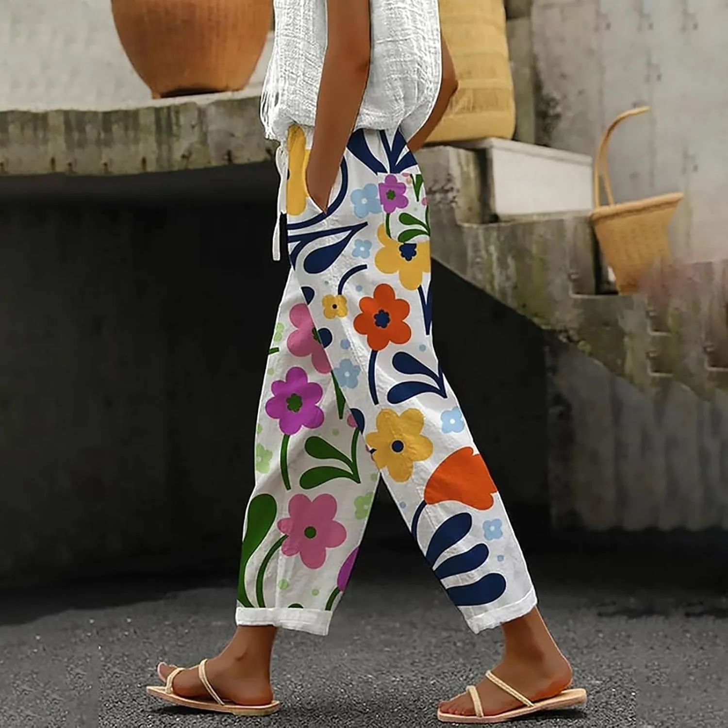 Linen Cotton Pants for Women Trendy Straight Elastic Long Drawstring Waist Casual Slit Plus Size Trousers with Pocket