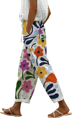 Linen Cotton Pants for Women Trendy Straight Elastic Long Drawstring Waist Casual Slit Plus Size Trousers with Pocket