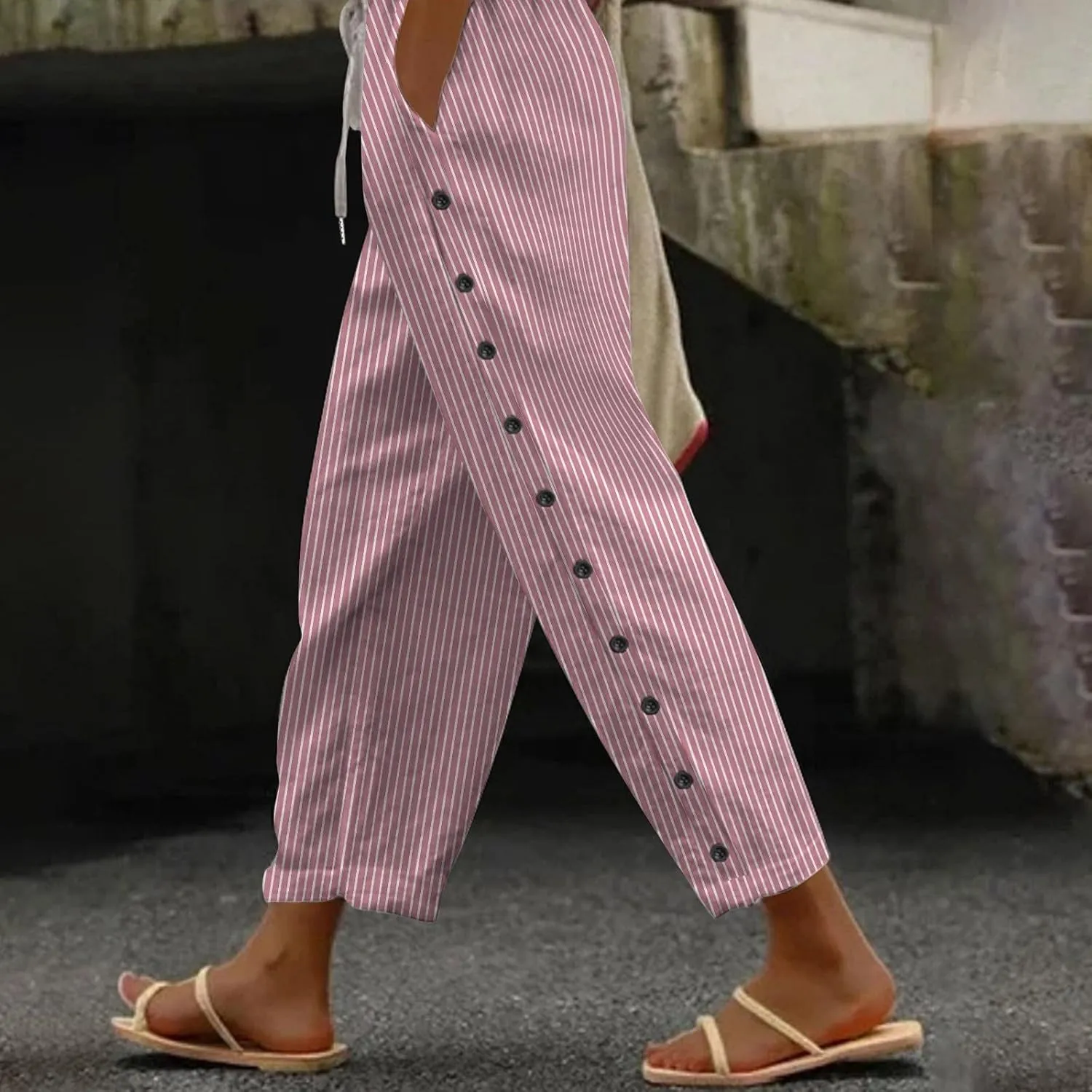 Linen Crop Pants for Women Summer Casual Drawstring Waist Baggy Pants Side Button Down Straight Trousers with Pockets