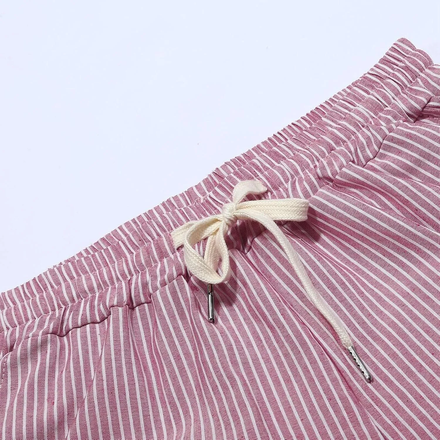 Linen Crop Pants for Women Summer Casual Drawstring Waist Baggy Pants Side Button Down Straight Trousers with Pockets
