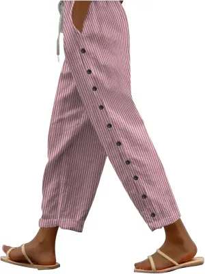 Linen Crop Pants for Women Summer Casual Drawstring Waist Baggy Pants Side Button Down Straight Trousers with Pockets