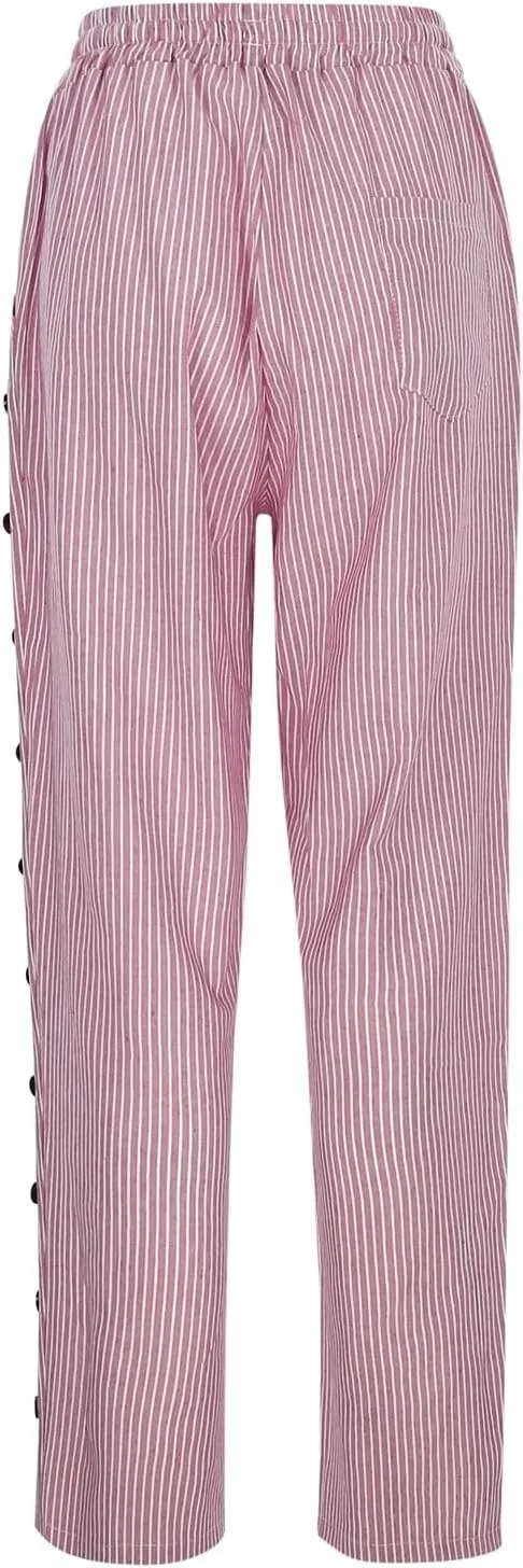 Linen Crop Pants for Women Summer Casual Drawstring Waist Baggy Pants Side Button Down Straight Trousers with Pockets