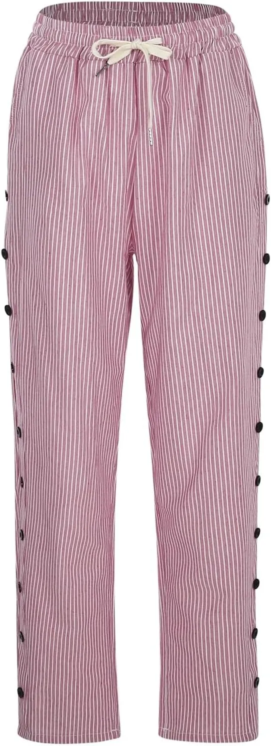 Linen Crop Pants for Women Summer Casual Drawstring Waist Baggy Pants Side Button Down Straight Trousers with Pockets