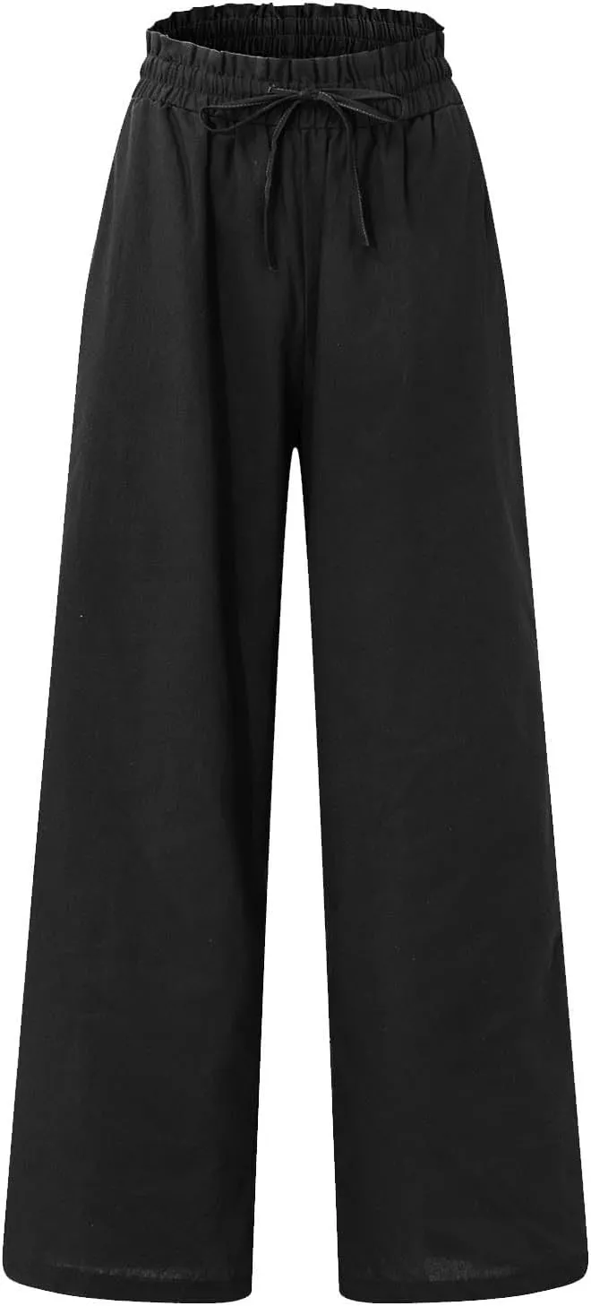 Linen Palazzo for Women Dressy Casual Elastic High Waisted Wide Leg Pants Summer Loose Comfy Work Pants with Pockets