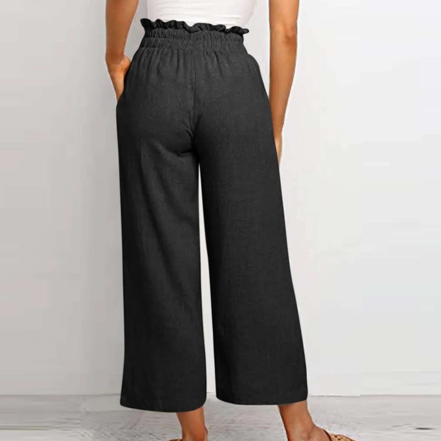 Linen Palazzo for Women Dressy Casual Elastic High Waisted Wide Leg Pants Summer Loose Comfy Work Pants with Pockets