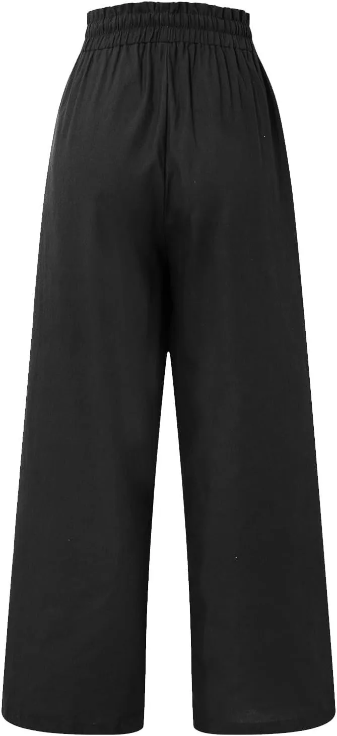 Linen Palazzo for Women Dressy Casual Elastic High Waisted Wide Leg Pants Summer Loose Comfy Work Pants with Pockets