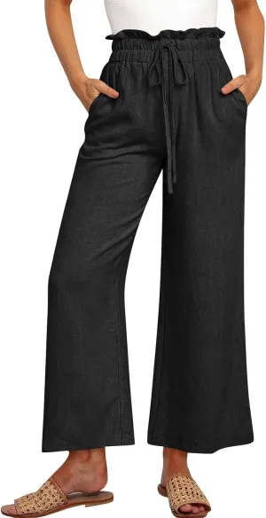 Linen Palazzo for Women Dressy Casual Elastic High Waisted Wide Leg Pants Summer Loose Comfy Work Pants with Pockets