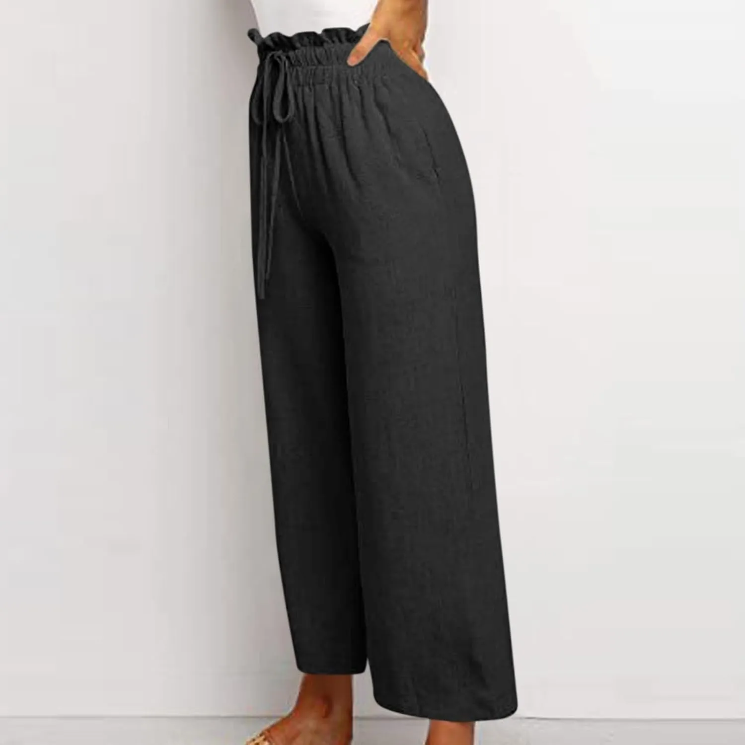 Linen Palazzo for Women Dressy Casual Elastic High Waisted Wide Leg Pants Summer Loose Comfy Work Pants with Pockets