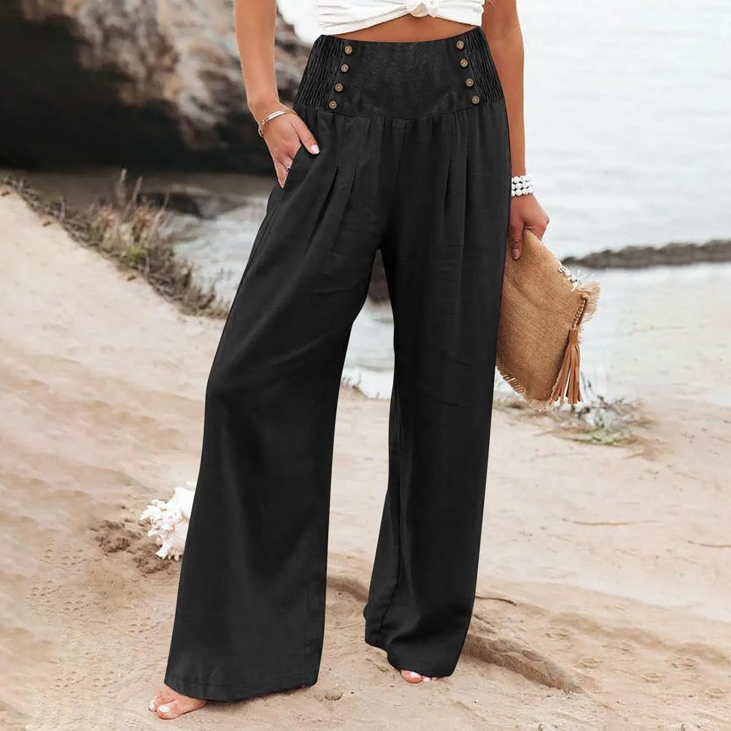 Linen Palazzo Pants for Women Elastic Waist Loose Lightweight Straight Lounge Linen Trousers Women