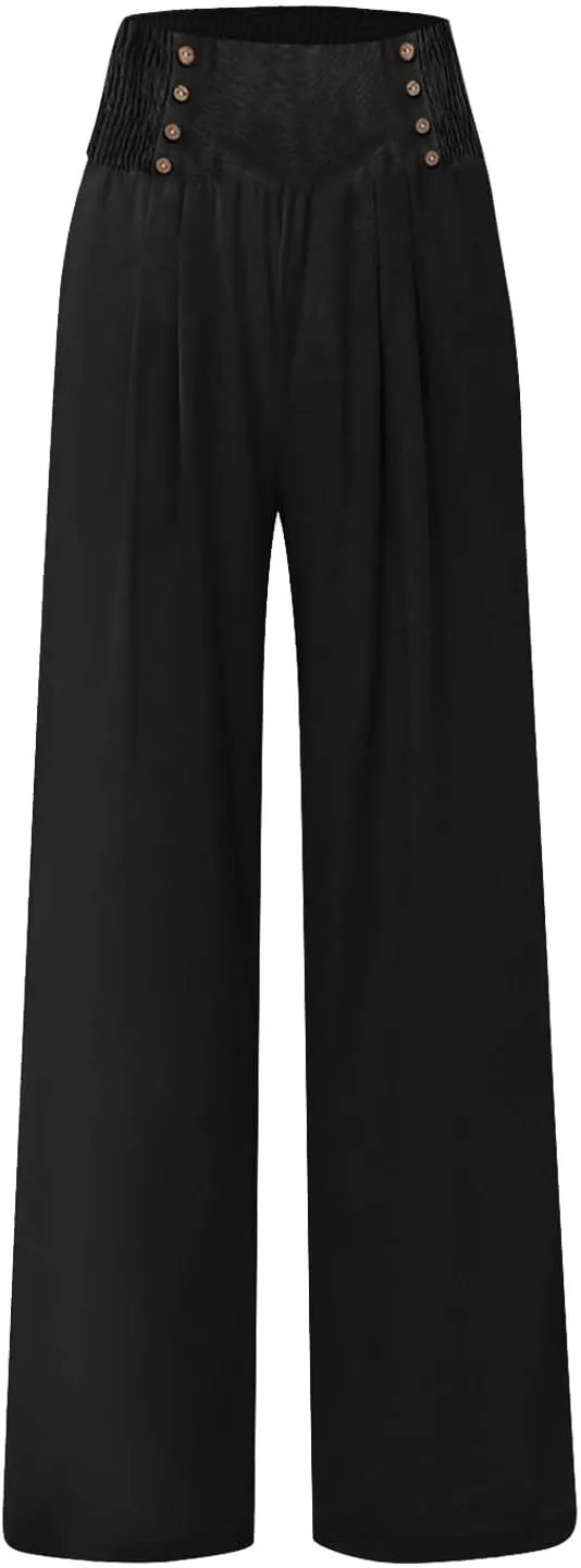 Linen Palazzo Pants for Women Elastic Waist Loose Lightweight Straight Lounge Linen Trousers Women