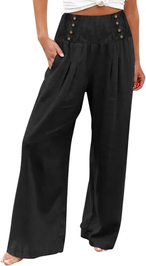 Linen Palazzo Pants for Women Elastic Waist Loose Lightweight Straight Lounge Linen Trousers Women