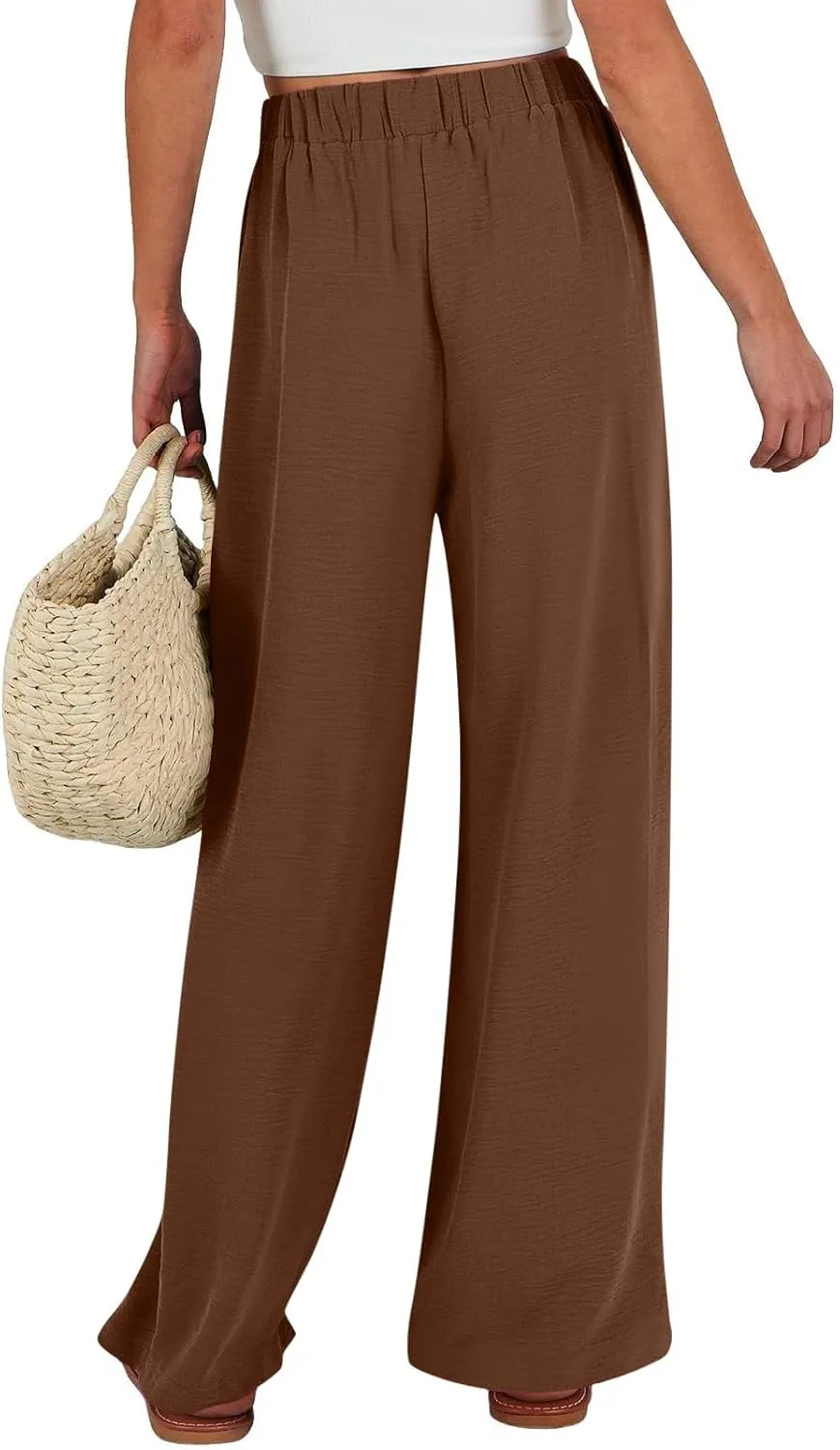 Linen Palazzo Pants for Women Flowy Wide Leg High Waist Drawstring Elastic Trousers with Pockets Lounge Baggy Pant