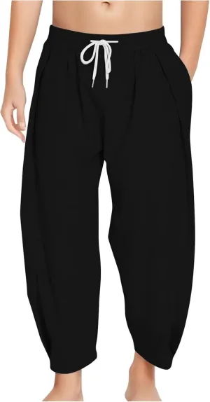 Linen Pants for Girls Summer Casual Loose Lightweight Solid Harem Pants Kids Drawstring Wide Leg Trousers with Pocket