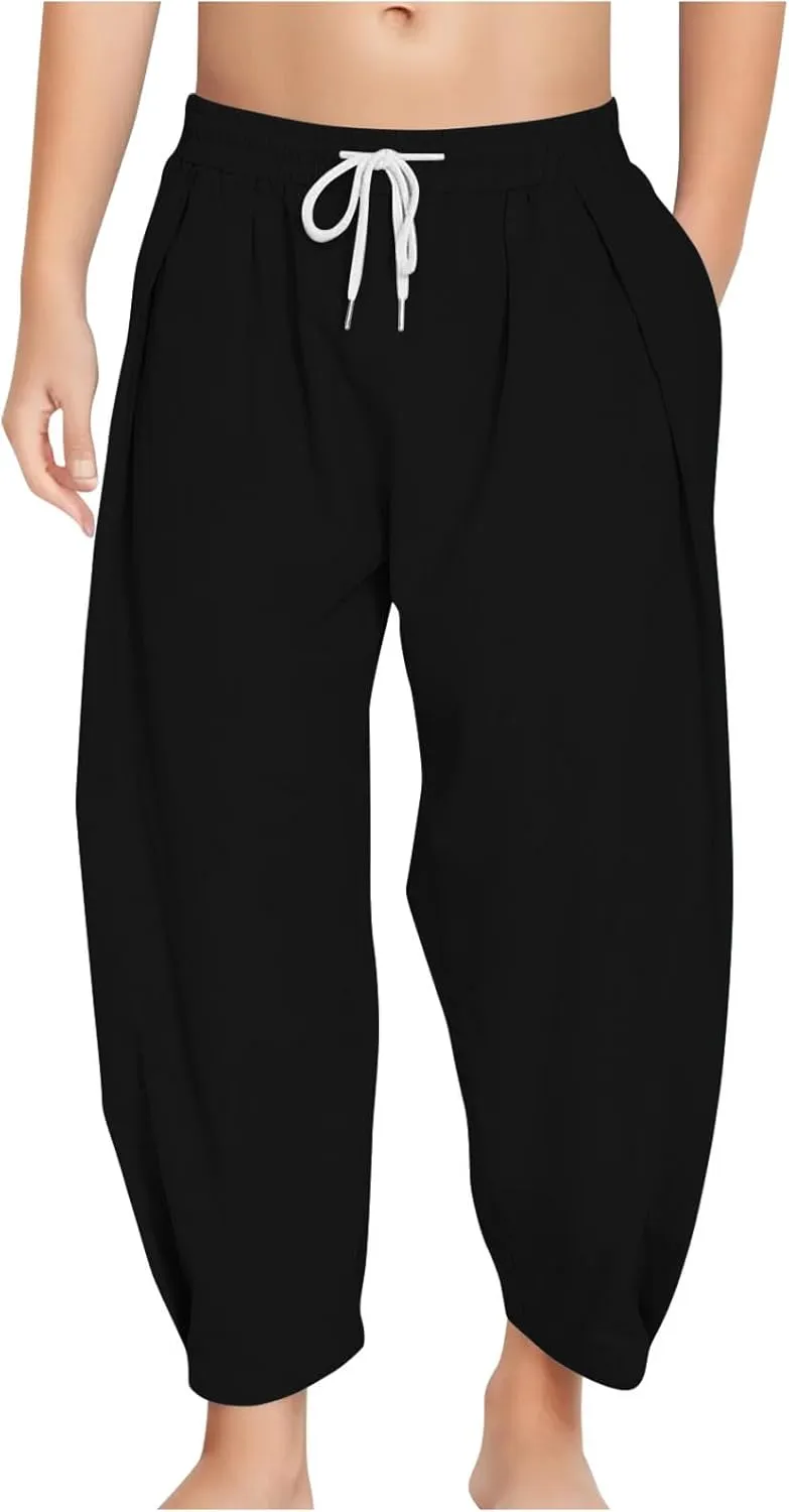 Linen Pants for Girls Summer Casual Loose Lightweight Solid Harem Pants Kids Drawstring Wide Leg Trousers with Pocket