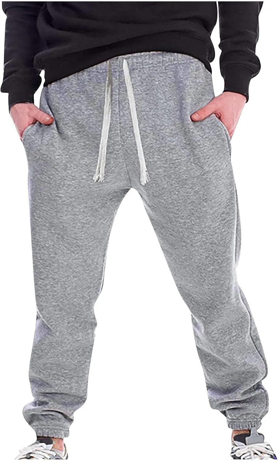 Linen Pants for Men Causal Loose Drawstring Elastic Waist Plush Thickened Solid Sweatpants Athletic-Fit Trousers