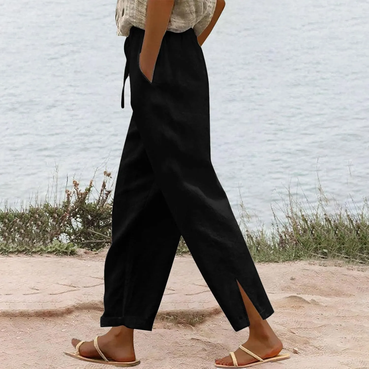 Linen Pants for Women 2025 Summer Casual Lightweight Drawstring Elastic Waist Pants Straight Leg Lounge Trousers