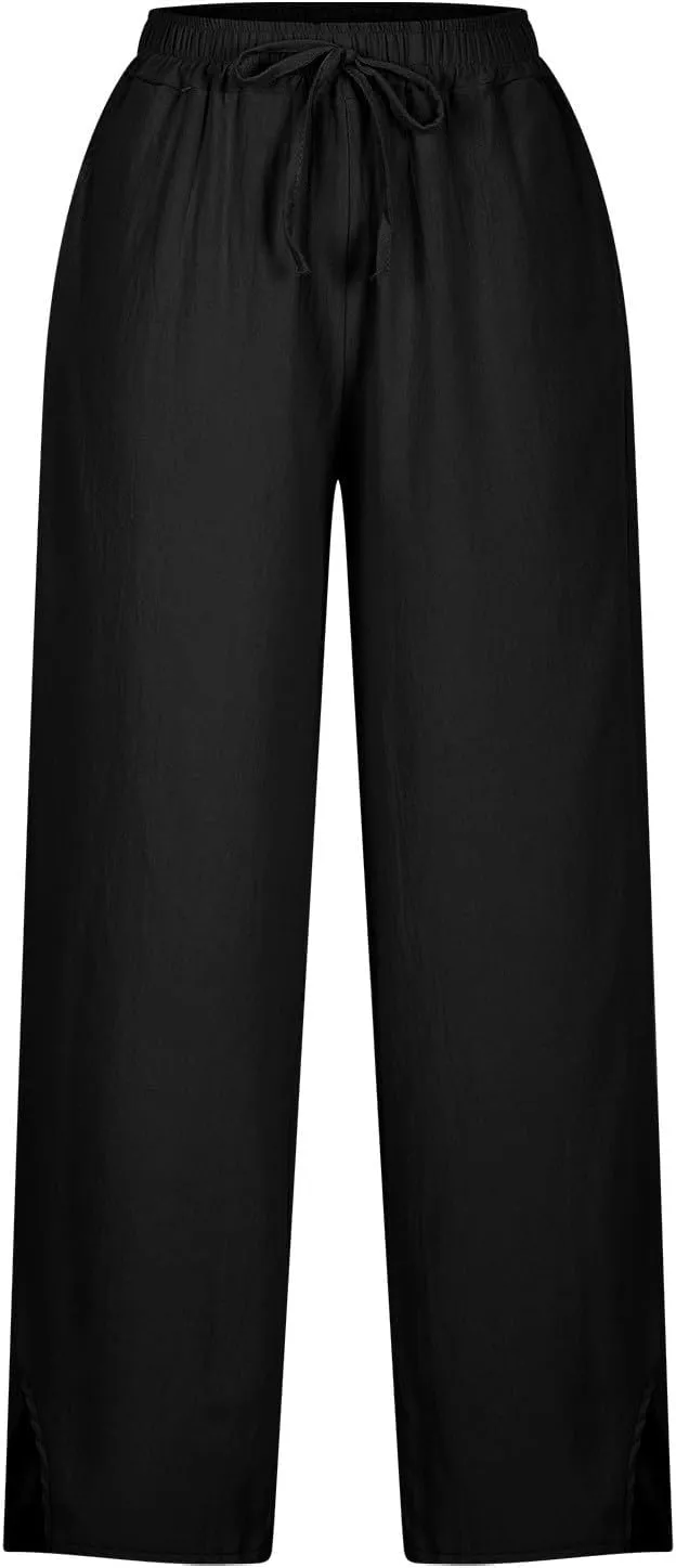 Linen Pants for Women 2025 Summer Casual Lightweight Drawstring Elastic Waist Pants Straight Leg Lounge Trousers