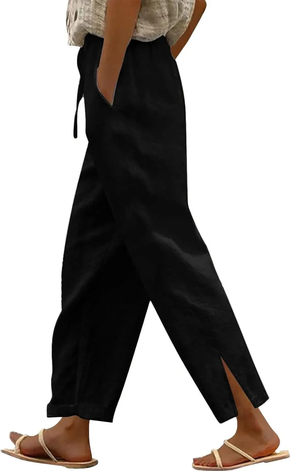 Linen Pants for Women 2025 Summer Casual Lightweight Drawstring Elastic Waist Pants Straight Leg Lounge Trousers