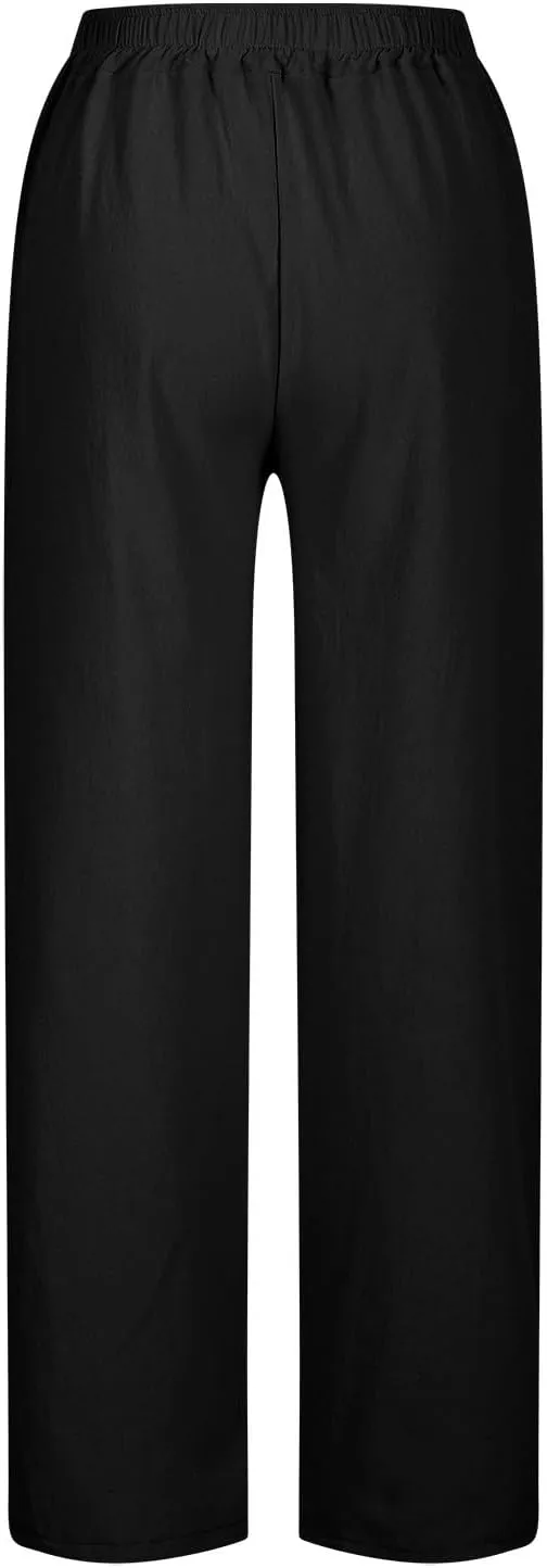 Linen Pants for Women 2025 Summer Casual Lightweight Drawstring Elastic Waist Pants Straight Leg Lounge Trousers