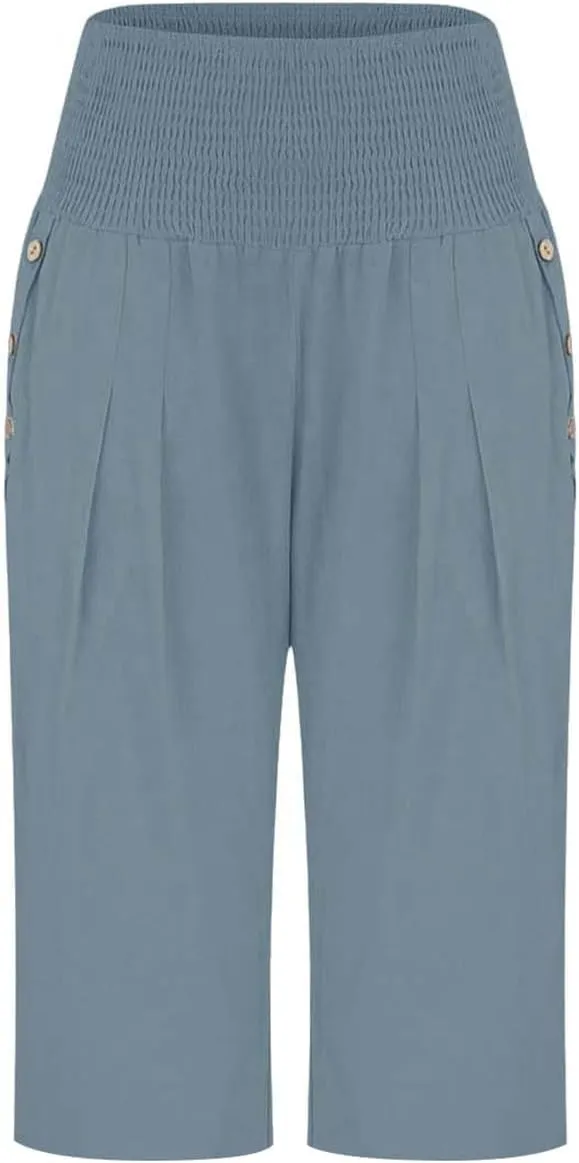 Linen Pants for Women Casual Loose Elastic High Waisted Straight Leg Trousers Palazzo Boho Wide Leg Beach Lounge