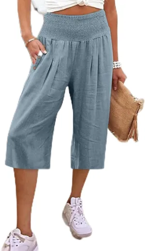 Linen Pants for Women Casual Loose Elastic High Waisted Straight Leg Trousers Palazzo Boho Wide Leg Beach Lounge
