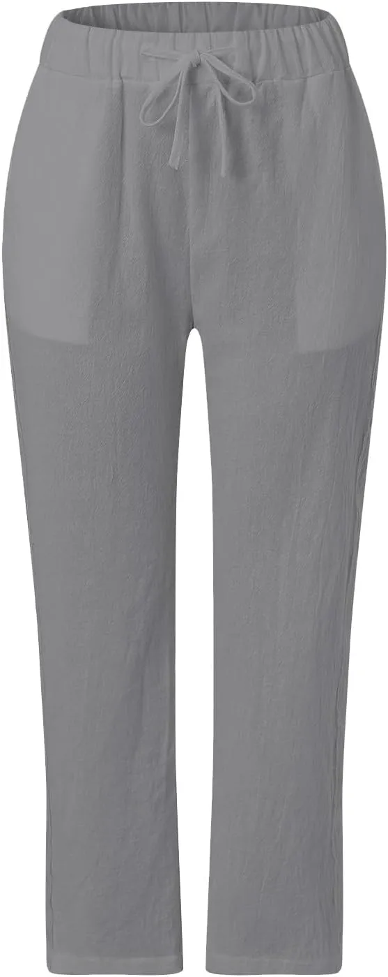 Linen Pants for Women High Waisted Elastic Drawstring Beach Pants Casual Lightweight Wide Leg Trousers with Pockets