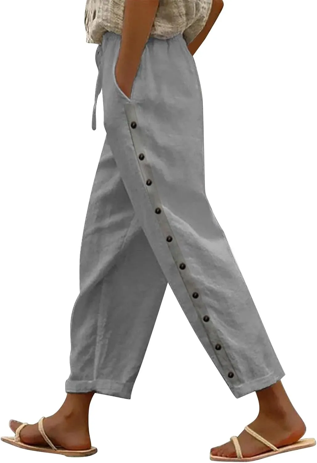 Linen Pants for Women High Waisted Elastic Drawstring Beach Pants Casual Lightweight Wide Leg Trousers with Pockets