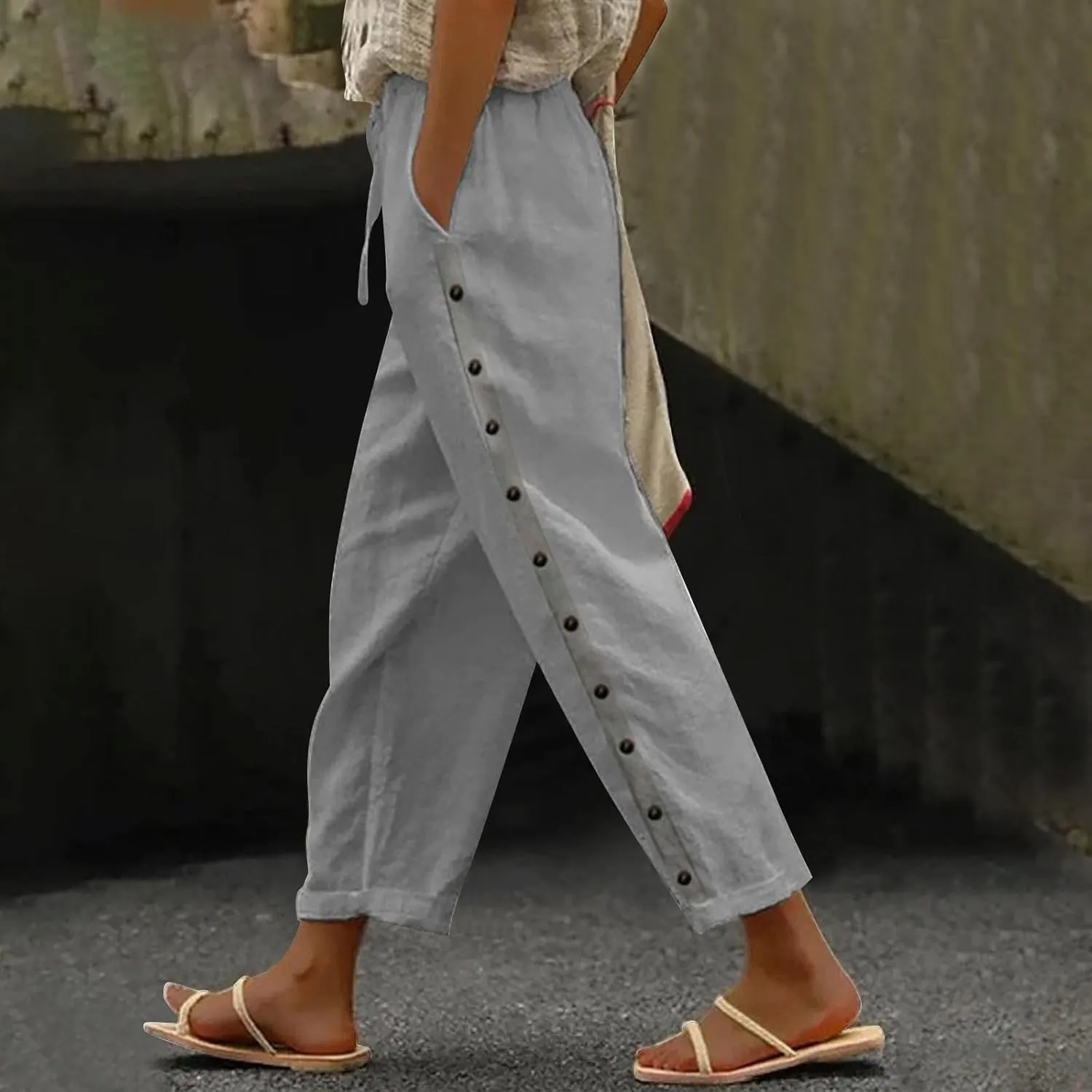 Linen Pants for Women High Waisted Elastic Drawstring Beach Pants Casual Lightweight Wide Leg Trousers with Pockets