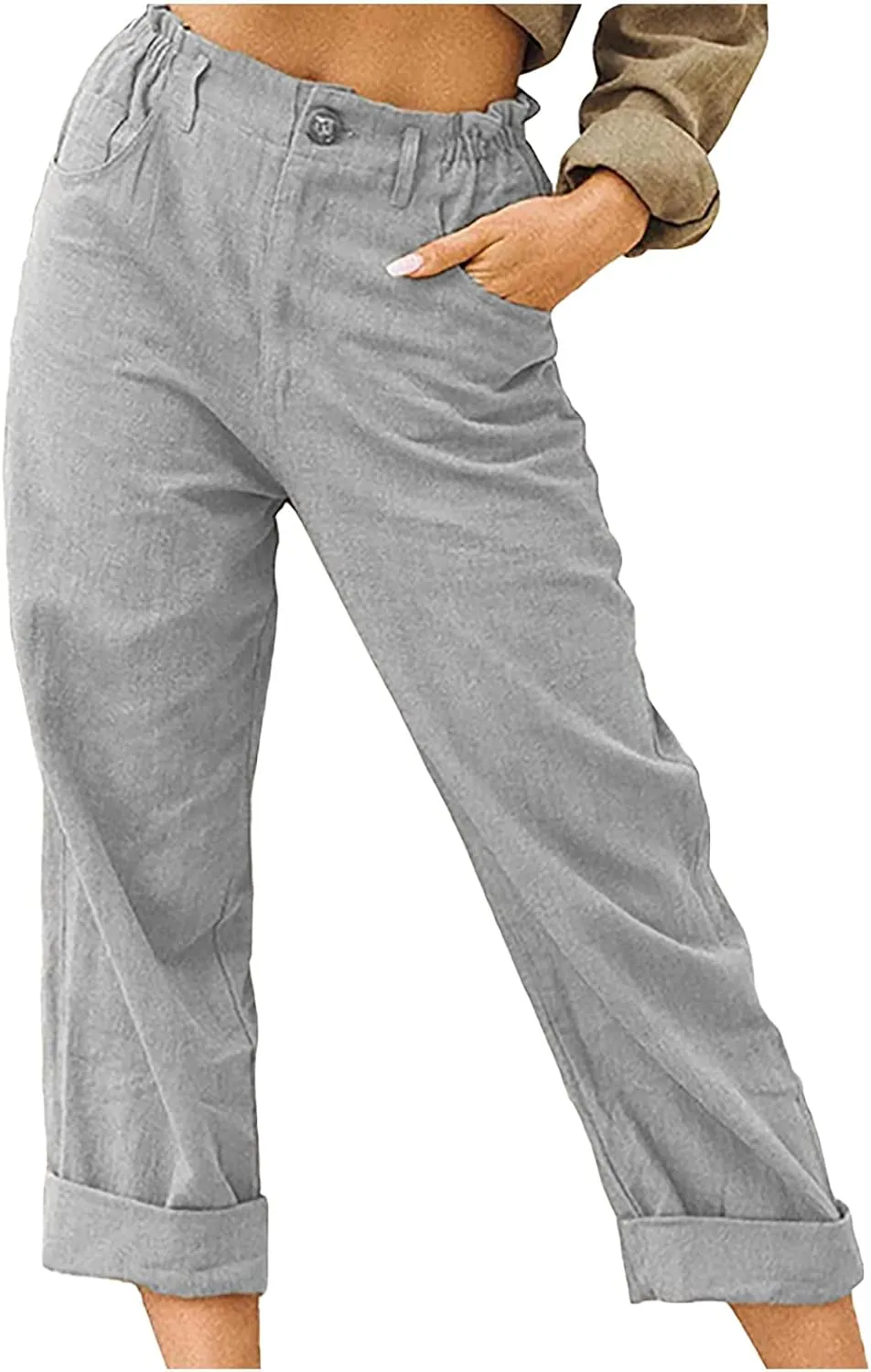 Linen Pants for Women High Waisted Wide Leg Capris Summer Casual Button Elastic Waist Cropped Trousers with Pockets