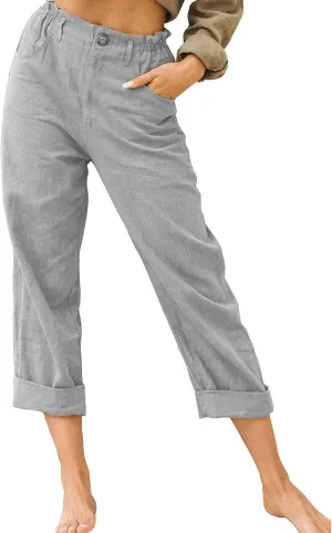 Linen Pants for Women High Waisted Wide Leg Capris Summer Casual Button Elastic Waist Cropped Trousers with Pockets
