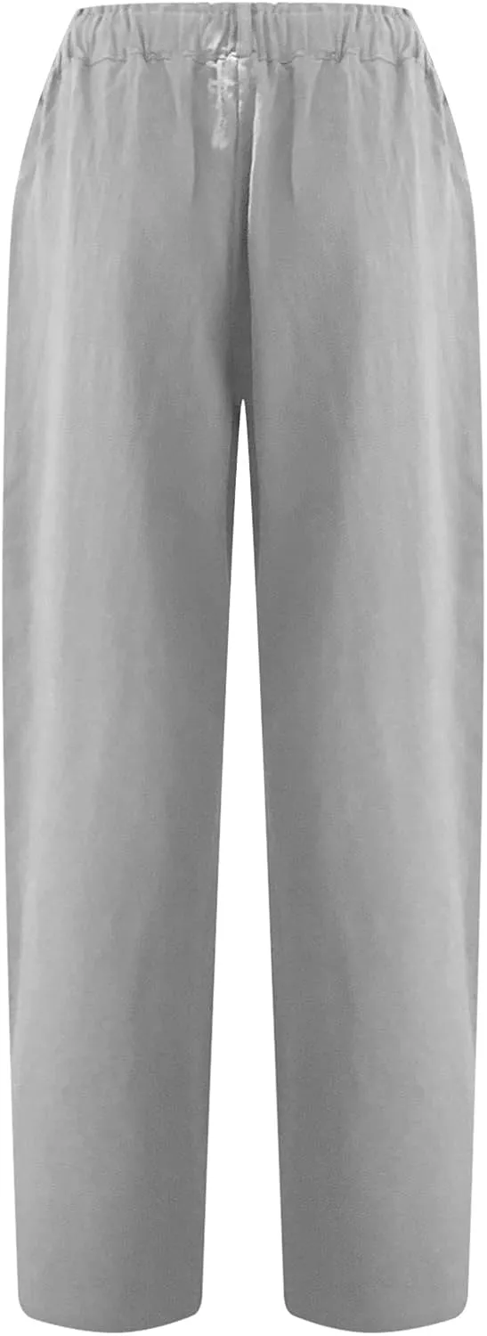 Linen Pants for Women High Waisted Wide Leg Capris Summer Casual Button Elastic Waist Cropped Trousers with Pockets