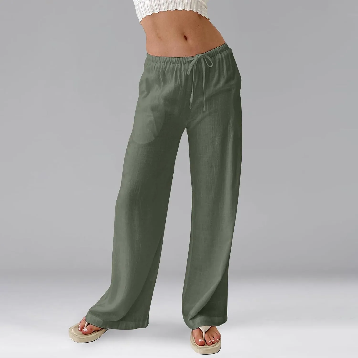 Linen Pants Women Baggy High Waisted Wide Leg Yoga Pants with Pockets Casual Summer Beach Vacation Trousers Pants