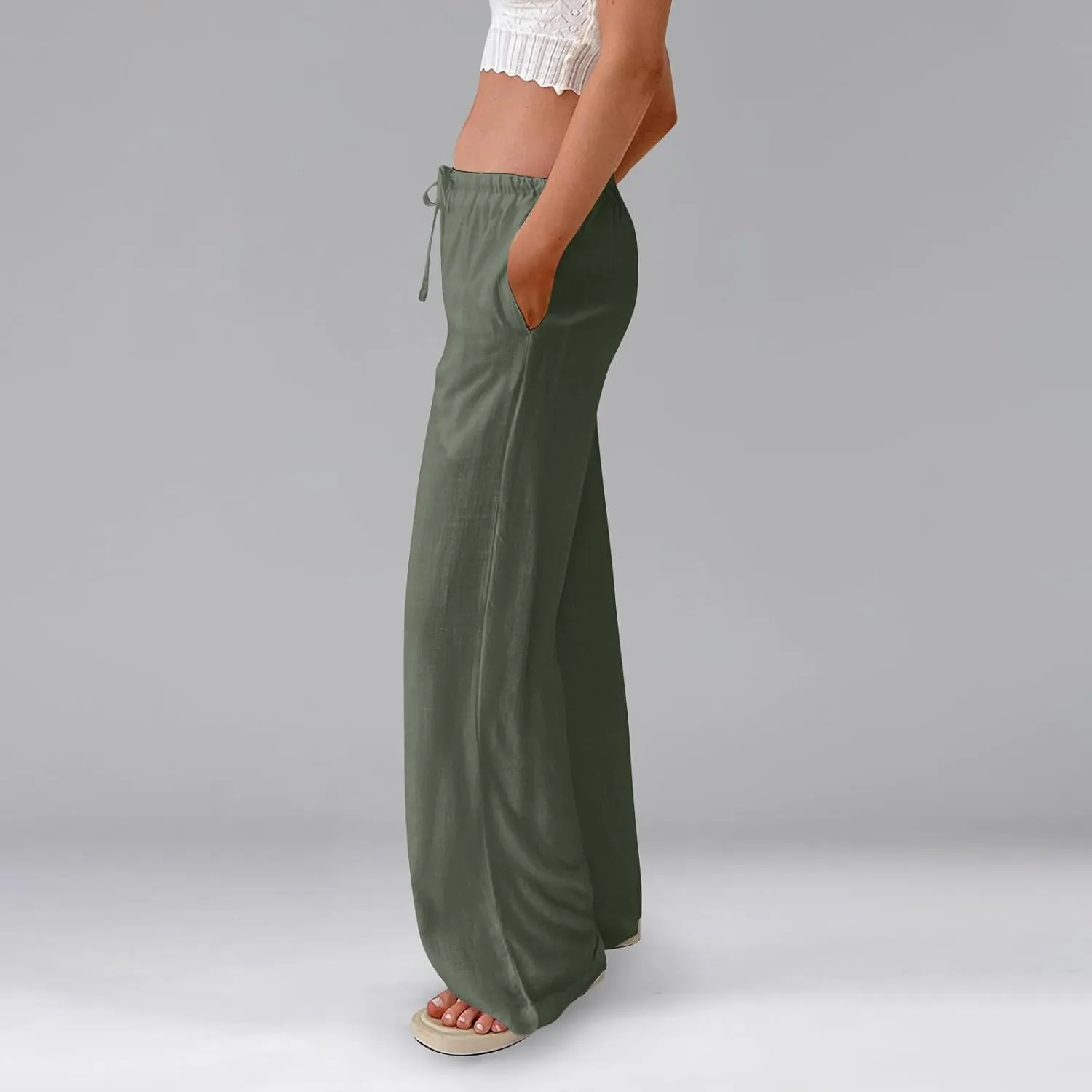 Linen Pants Women Baggy High Waisted Wide Leg Yoga Pants with Pockets Casual Summer Beach Vacation Trousers Pants