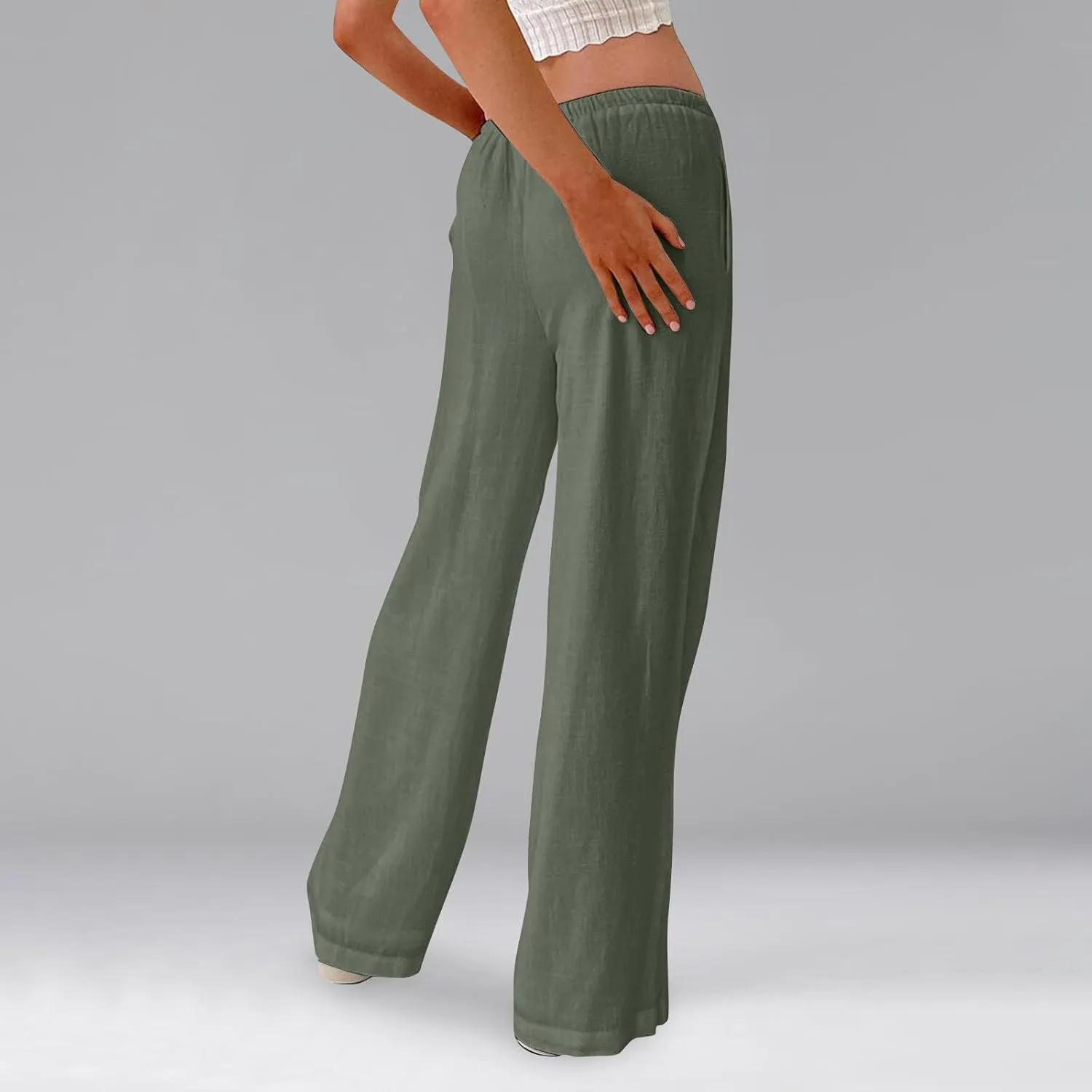 Linen Pants Women Baggy High Waisted Wide Leg Yoga Pants with Pockets Casual Summer Beach Vacation Trousers Pants