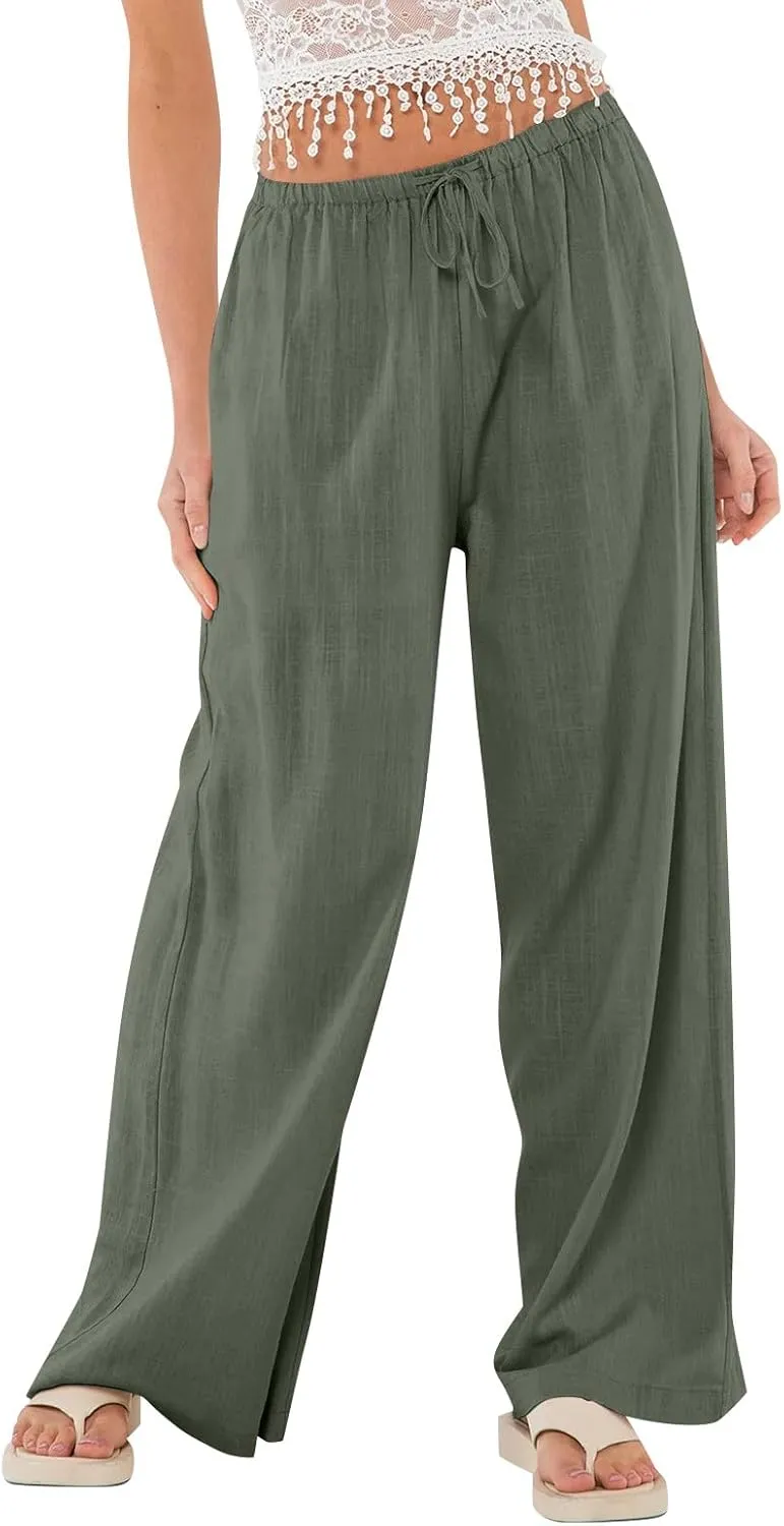 Linen Pants Women Baggy High Waisted Wide Leg Yoga Pants with Pockets Casual Summer Beach Vacation Trousers Pants