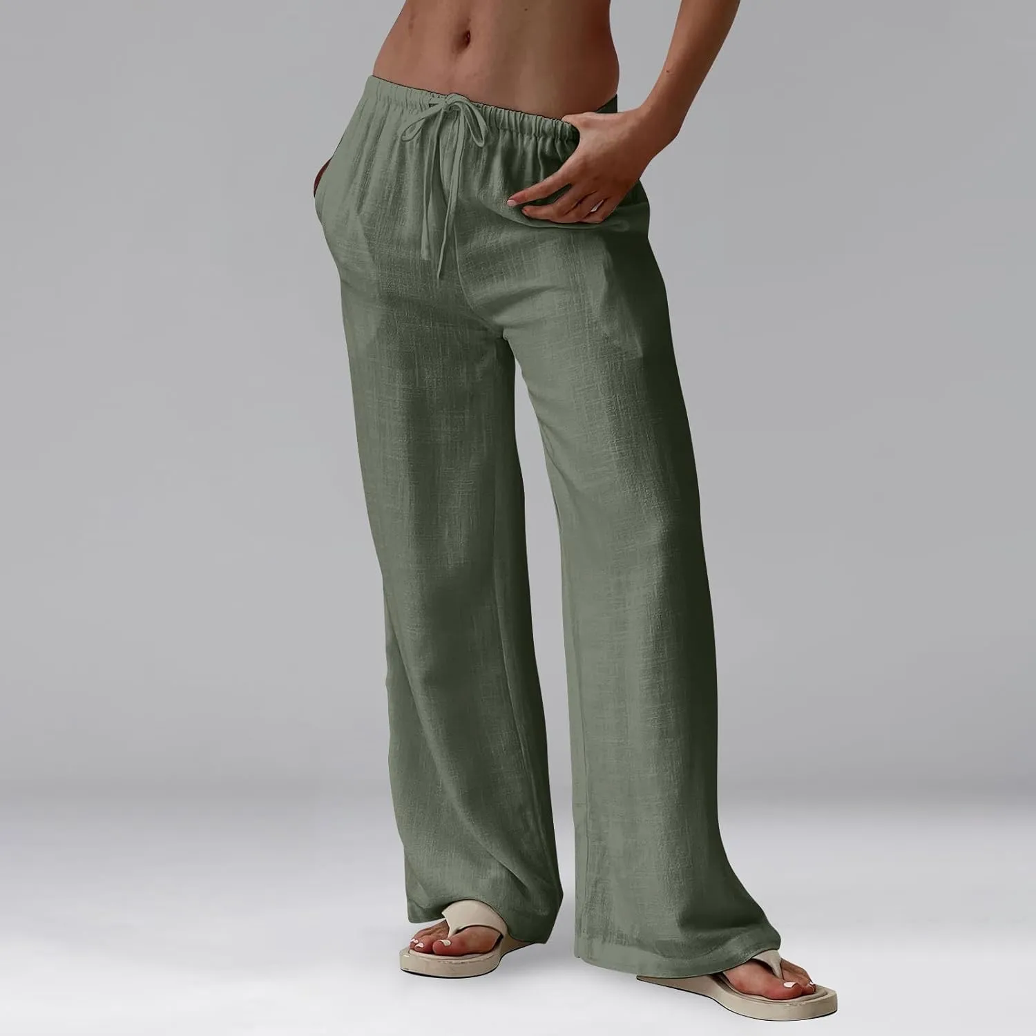 Linen Pants Women Baggy High Waisted Wide Leg Yoga Pants with Pockets Casual Summer Beach Vacation Trousers Pants