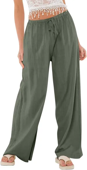 Linen Pants Women Baggy High Waisted Wide Leg Yoga Pants with Pockets Casual Summer Beach Vacation Trousers Pants