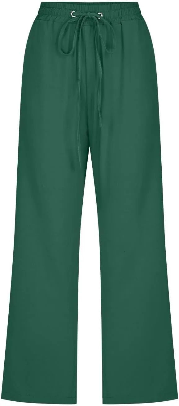 Linen Pants Women Capri Leg Pants Drawstring Elastic Trousers Comfy Straight Leg Capri Trousers 2025 Vacation