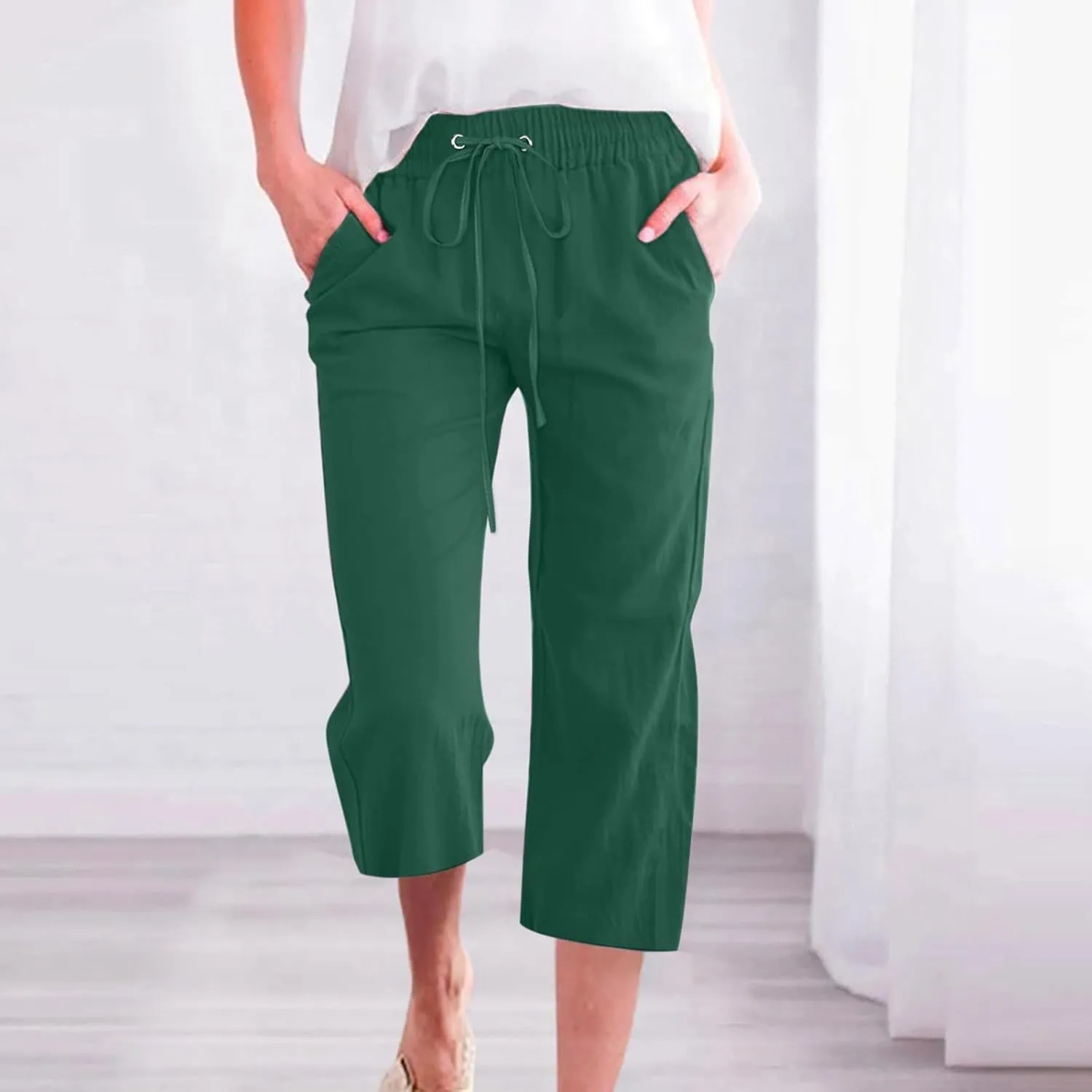Linen Pants Women Capri Leg Pants Drawstring Elastic Trousers Comfy Straight Leg Capri Trousers 2025 Vacation