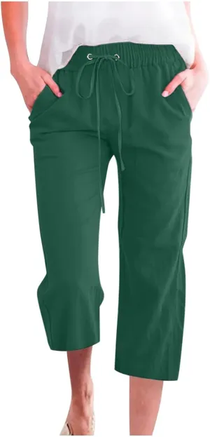 Linen Pants Women Capri Leg Pants Drawstring Elastic Trousers Comfy Straight Leg Capri Trousers 2025 Vacation