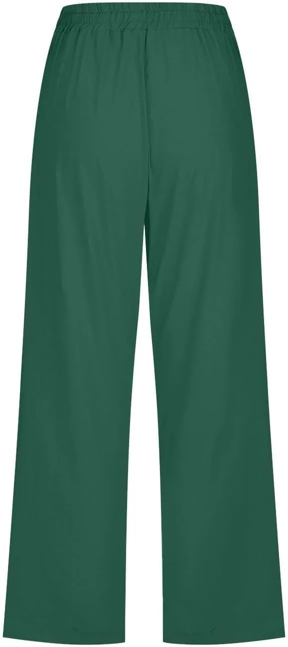 Linen Pants Women Capri Leg Pants Drawstring Elastic Trousers Comfy Straight Leg Capri Trousers 2025 Vacation
