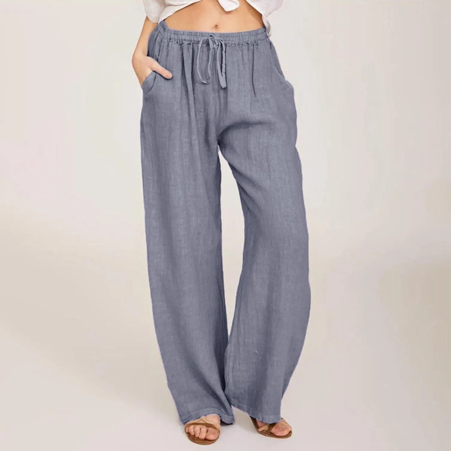Linen Pants Women Casual Summer Drawstring Waist Wide Leg Pants with Pockets Baggy Lightweight Beach Trousers
